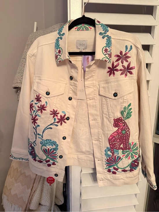 Jade Jackets & Blazers - NWT | Jade Cream Denim Jacket with Teal & Magenta Embroidery | Sz Xs